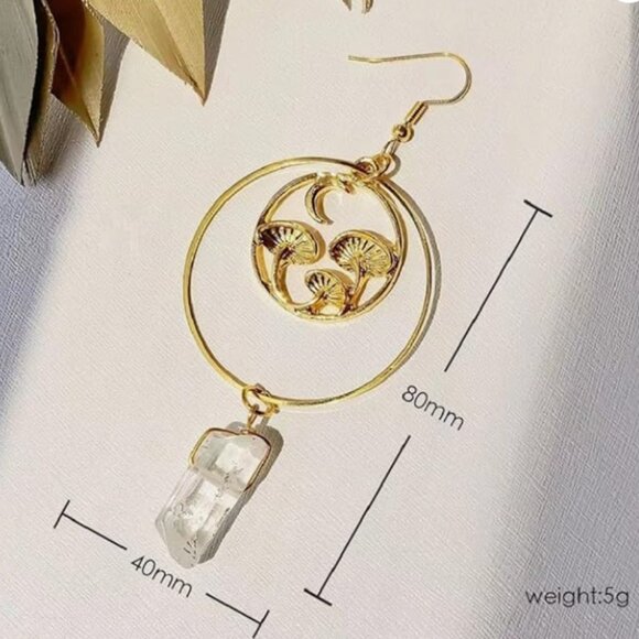 Quartz Crystal & Golden Mushrooms Long Dangle Earrings - Picture 4 of 5